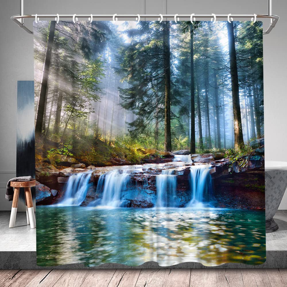 Waterfall Shower Curtain Rustic Floral Butterfly Fantasy Forest Tropical Plant Lake Nature Landscape Bathroom Decor With Hooks