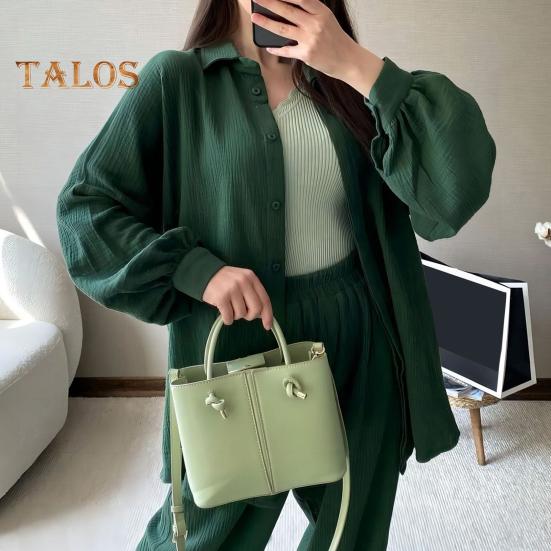 2 Pcs/Set Women Shirt Pants Set Turn-down Collar Single-breasted Long Sleeves Loose Top Elastic Waist Wide Leg Trousers Sport Tracksuit