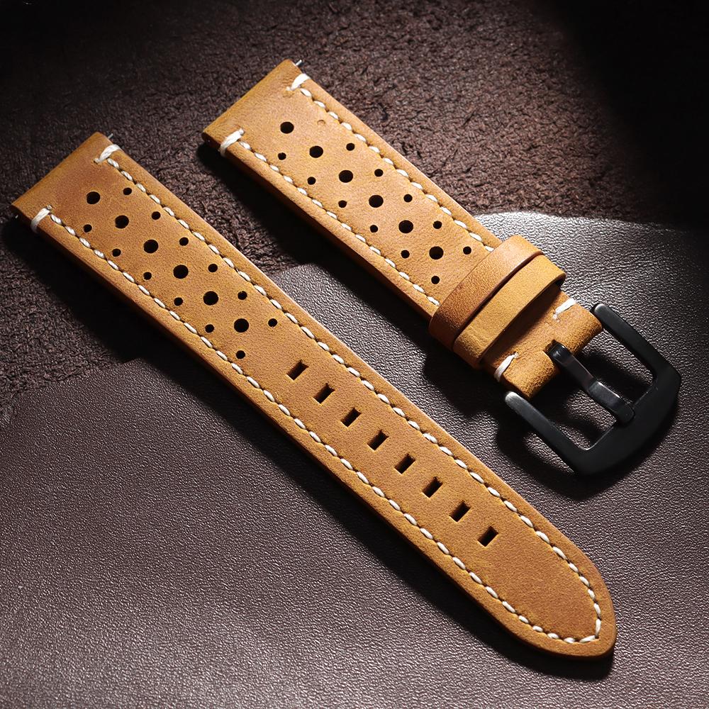 Vintage Handmade Watch Strap 18mm 19mm 20mm 21mm 22mm 24mm Racing Leather Strap Gray Black Brown Breathable Porous Watchbands