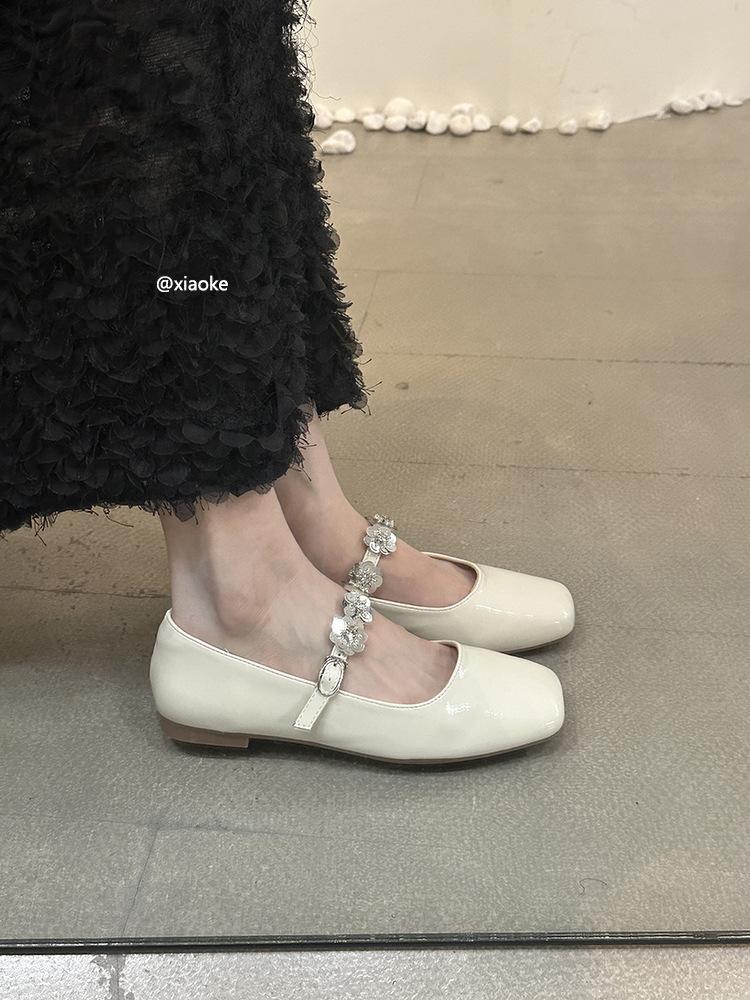 French Niche Square Head Sequined Buckle Mary Jane Shoes Girl 2025 New Silver Fairy Style with Skirt Flat Shoes