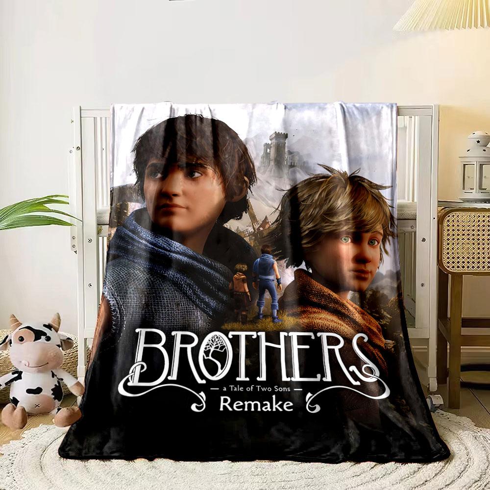Two figures, castle in background, text  Brothers: A Tale of Two Sons.  for all seasons blanket lunch break throw gift 80cm x 120cm