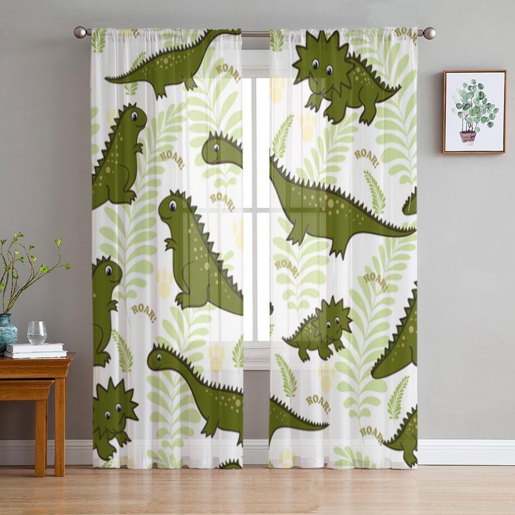 Dinosaur Green Plant Cartoon Sheer Curtains for Living Room Transparent Tulle Window Curtain Bedroom Kitchen Decor Veil Drapes