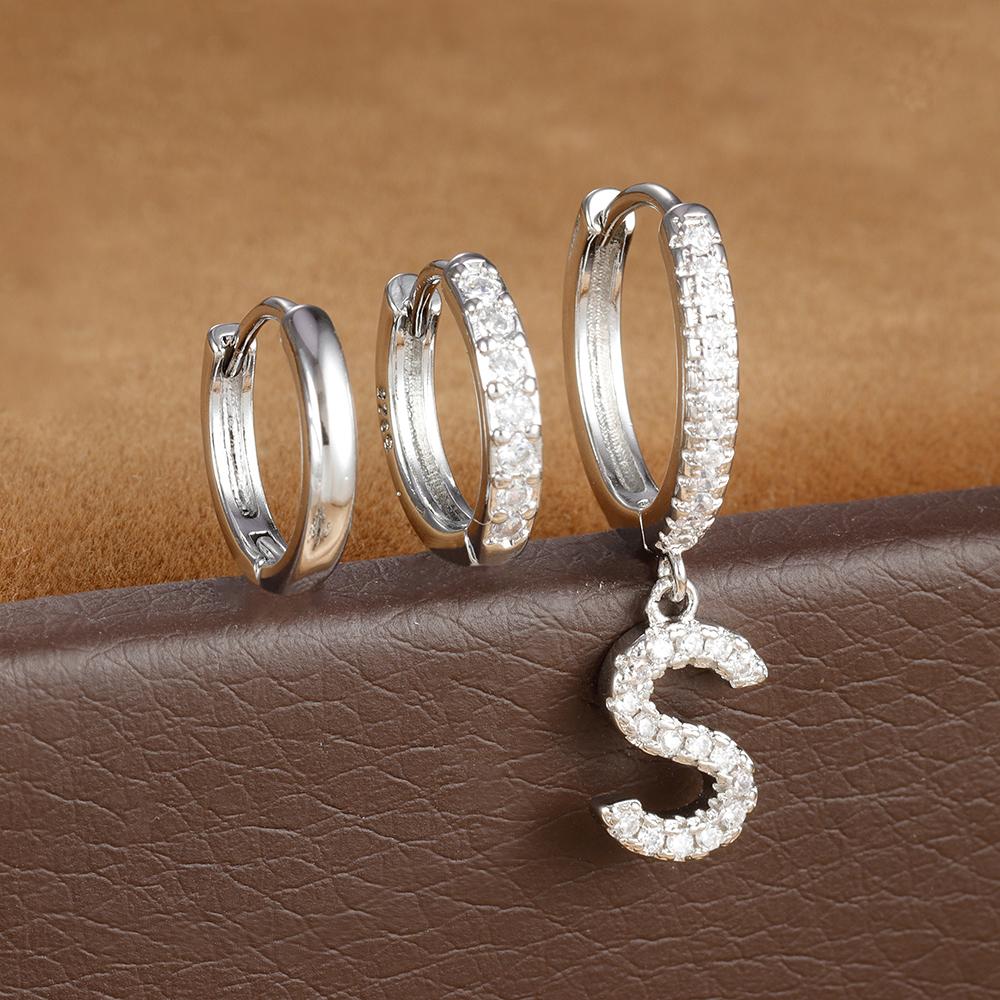 3pcs Silver Color Stainless Steel 26 Letters Hoop Earrings Set For Women A-Z Crystal Zircon Geometric Earrings Wedding Jewelry