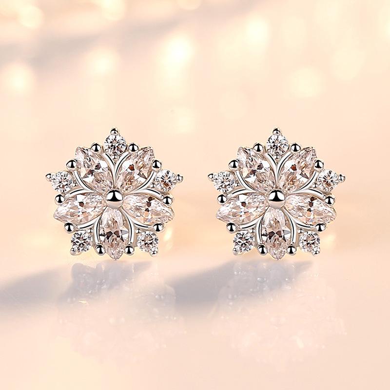 

925 Sterling Silver Snowflake Pink Quartz Earrings for Women 925 Silver Jewelry Cute Stud Earring Engagement Party Jewellery белый