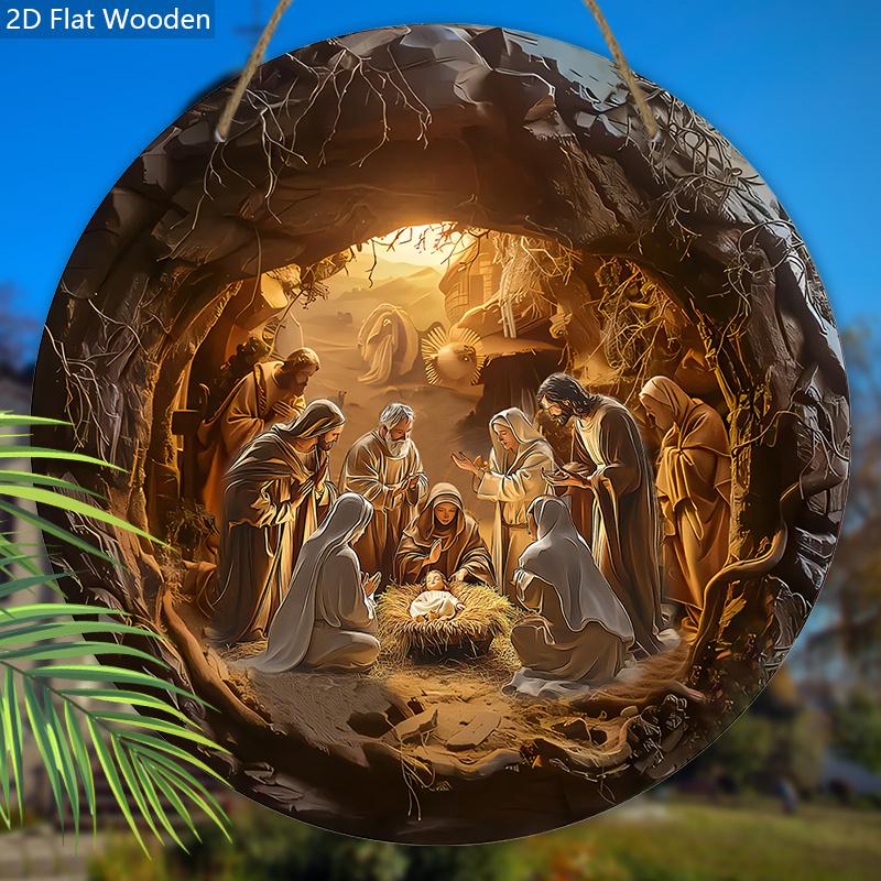 Vintage Nativity Scene Wooden Sign, Jesus Was Born In A Cave Round Sign for Front Door Wall Hanging Decor, Ideal Christmas Gift