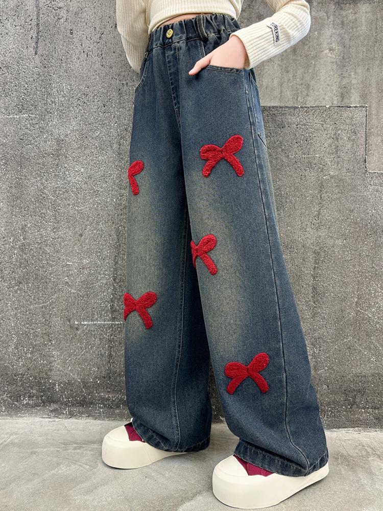 Girls' Chenille Bow Embroidered Fleece-lined Wide-leg Jeans - Stylish Autumn/Winter Slimming Pants