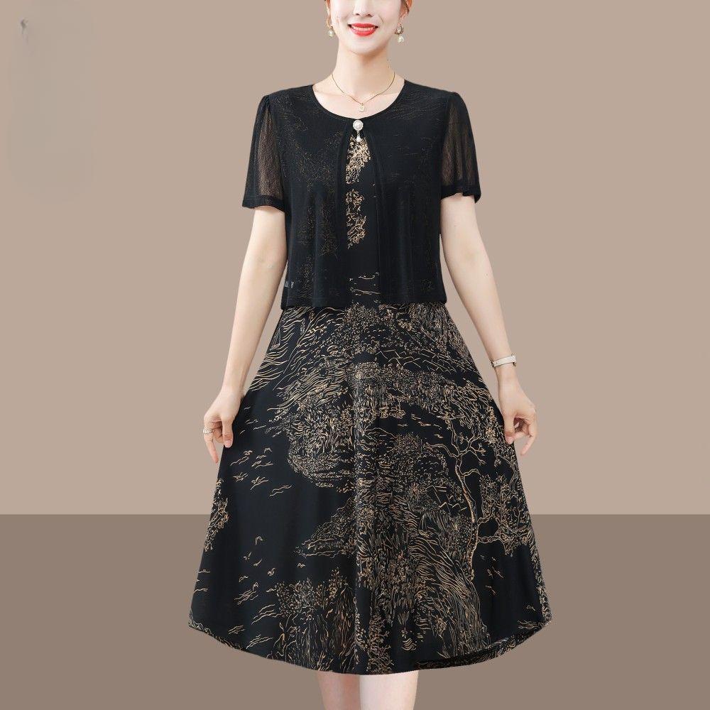 Chic Summer Fake Two Piece Dress for Moms Elegant Slimming and Youthful Mid Age Women Fashion Clothing