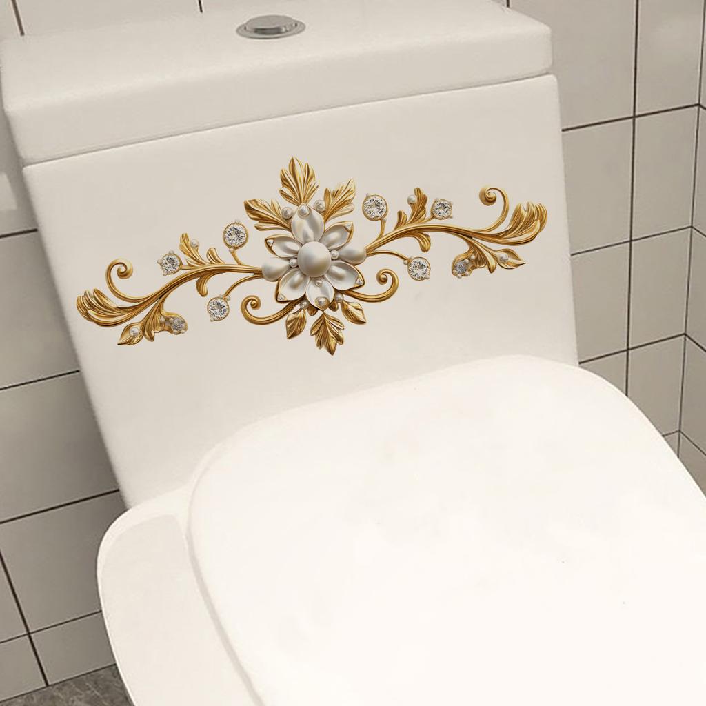 Elegant Golden Floral Embossed Self-Adhesive Wall Sticker for Bathroom Toilet - Matte Finish, Rectangular Shape, Durable Plastic, Easy To Install
