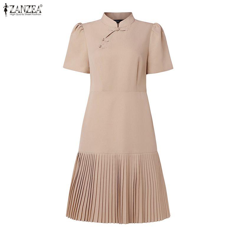 ZANZEA Kadın Günlük Yaka Yazlık Kısa Kollu Elbise
