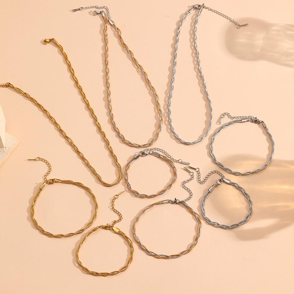 Round Snake Three-Strand Braided Color-Block Stainless Steel Jewelry Set for Women - Non-Fading, Light Luxury, European & American Style