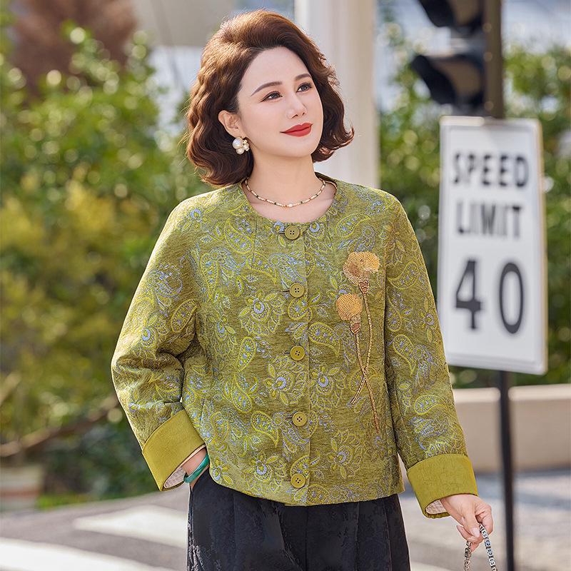 

Women s Retro Chinese Style Jacquard Spring Jacket - Tang Suit Inspired Long Sleeve Cardigan. 3XL (120-135 lbs) зелений