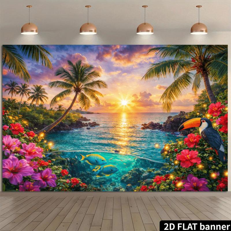1pc 2D flat beach sunset party backdrop with a stunning sunset sky made of polyester lightweight and easy to store. (wsj)