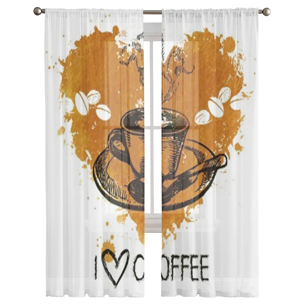 Hand Drawn Vintage Coffee Tulle Curtains For Living Room Decoration Modern Veil Chiffon Curtains Bedroom Sheer Voile