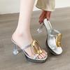 High-heeled Sandals Women's Square Head Open Toe Metal Buckle Hollow Waterproof Table Non-slip Slippers