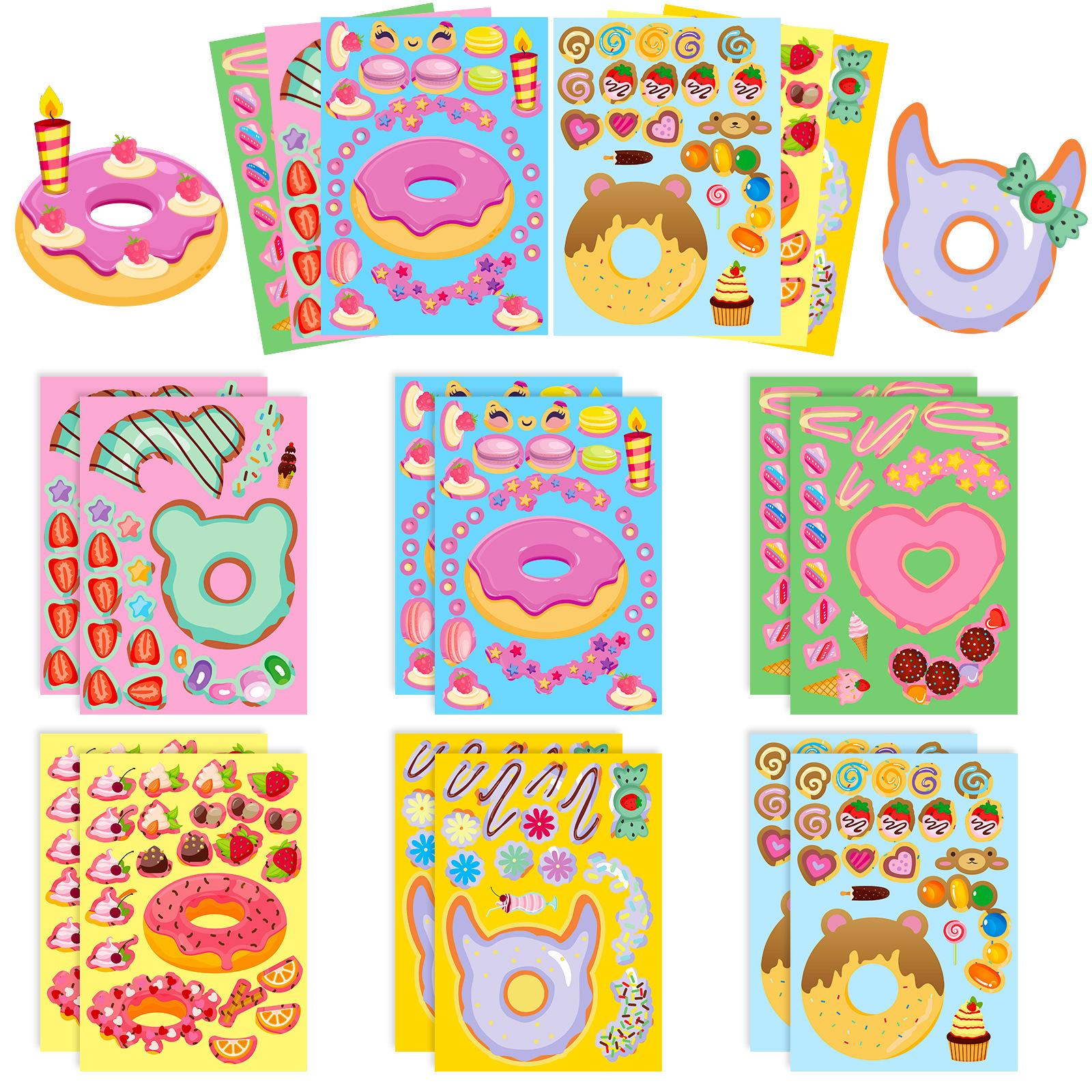 

6 Donut Puzzle Stickers, Sweet Donuts, Desserts, Diy Kids Cartoon Face Swap Stickers