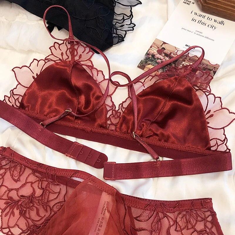 Französisches Damen-Unterwäsche-Set, sexy, ultradünnes BH-Set, Spitze, Stickerei, Bralette, Komfort, Dreieck-Cup-BHs, atmungsaktive Mesh-Dessous