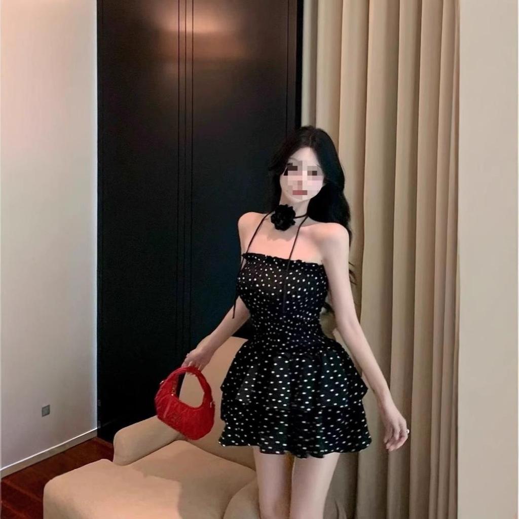 Women's Strapless Polka Dot Non-Slip Puffy Dress - Little Black Summer Dress with Waist-Cinching Design