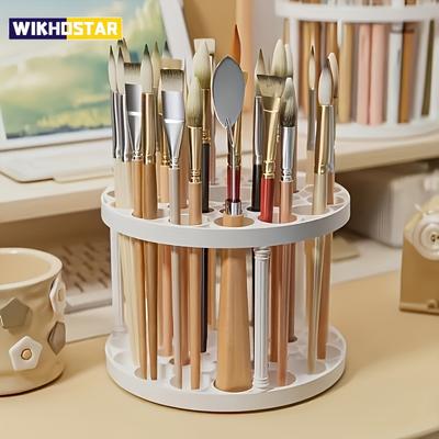 360° Rotating Brush Holder - Sleek White Plastic Organizer for Art Brushes, Space-Saving Desktop Accessory with Glazed Finish
