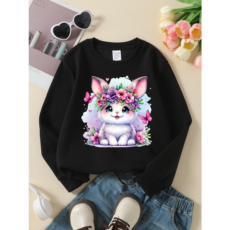 Kids Long‑Sleeve Crewneck Sweatshirt, Cute Bunny Floral Crown Print,Daily Casual Top for Spring & Autumn
