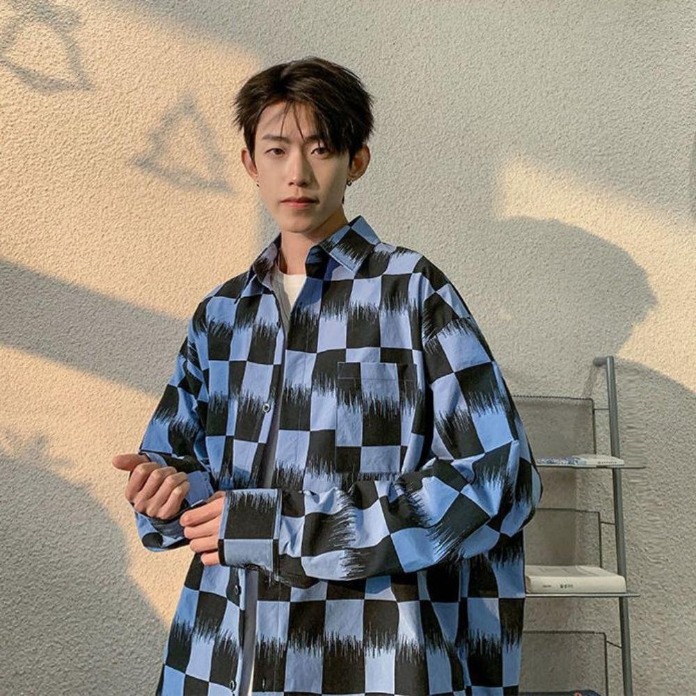 Checkerboard Shirt Men's Long-sleeved Trendy Handsome Large Size Shirt Versatile Casual Jacket