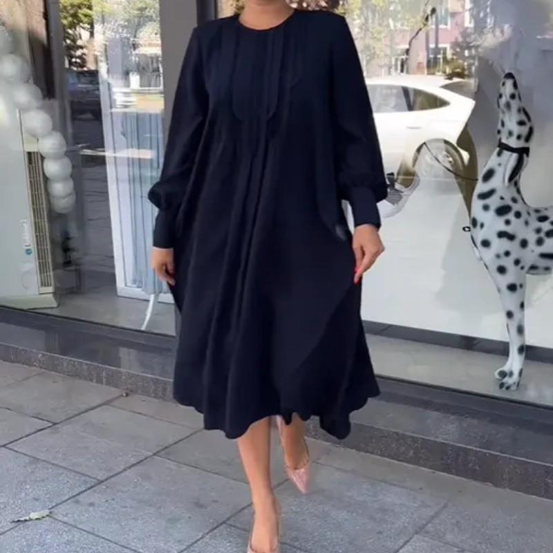 Abito Lungo da Donna Taglie Forti Autunno Colore Unito Modellante con Ampia Gonna a Svasatura