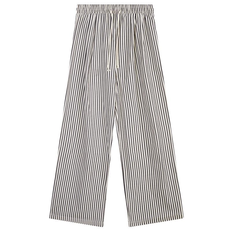 2026 Women's Black & White Striped High Waist Casual Wide-Leg Pants