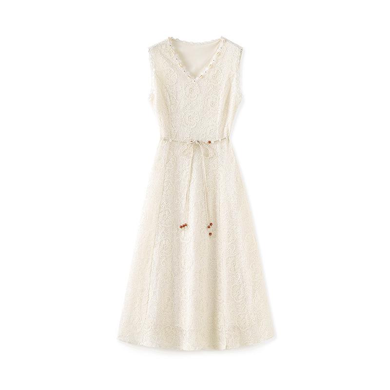 Nanyou Elegant Handmade Shell V-neck Embroidered Sleeveless Dress - Summer Vacation Style