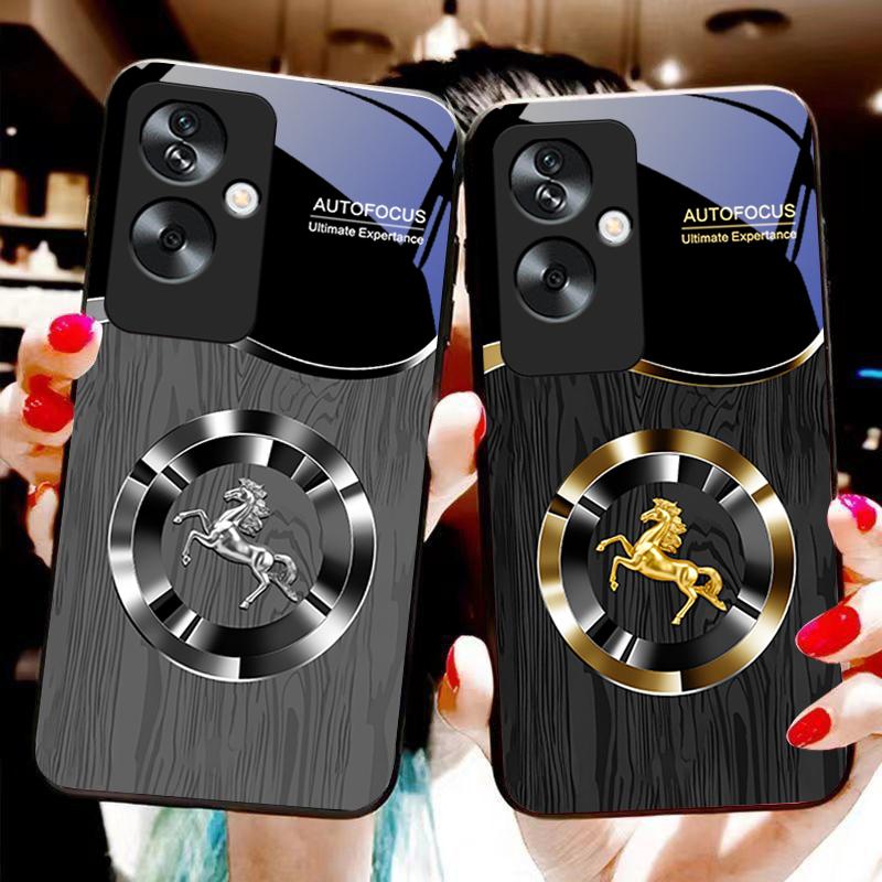 Wood Grain Horse Blue For Oppo A79 5G 58 78 74 60 4G Reno 11F Realme GT 6 11 Note 50 10 C55 X2 Tempered Glass Black Phone Case
