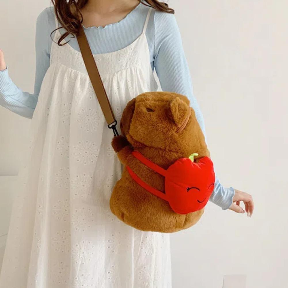 

Strawberry Capybara Crossbody Bag Cartoon Plush Animal Daypack Popular Capybara Backpack Couple crooked head