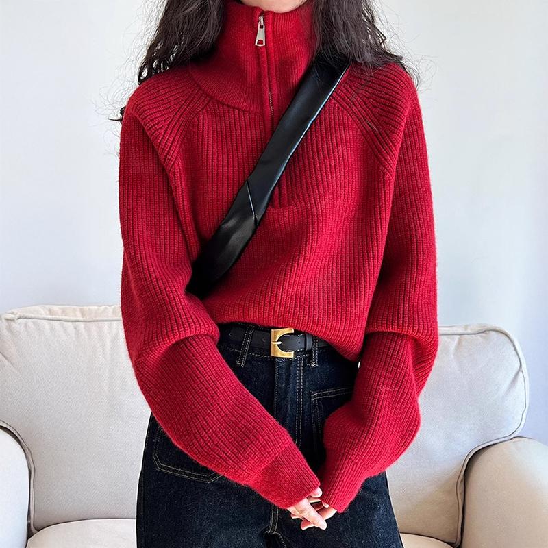 Half Zipper Collar Sweater Women Pullovers Soft Knitted Long Sleeve Short Jumper Fall Winter Korean Trend Loose Solid Color Tops