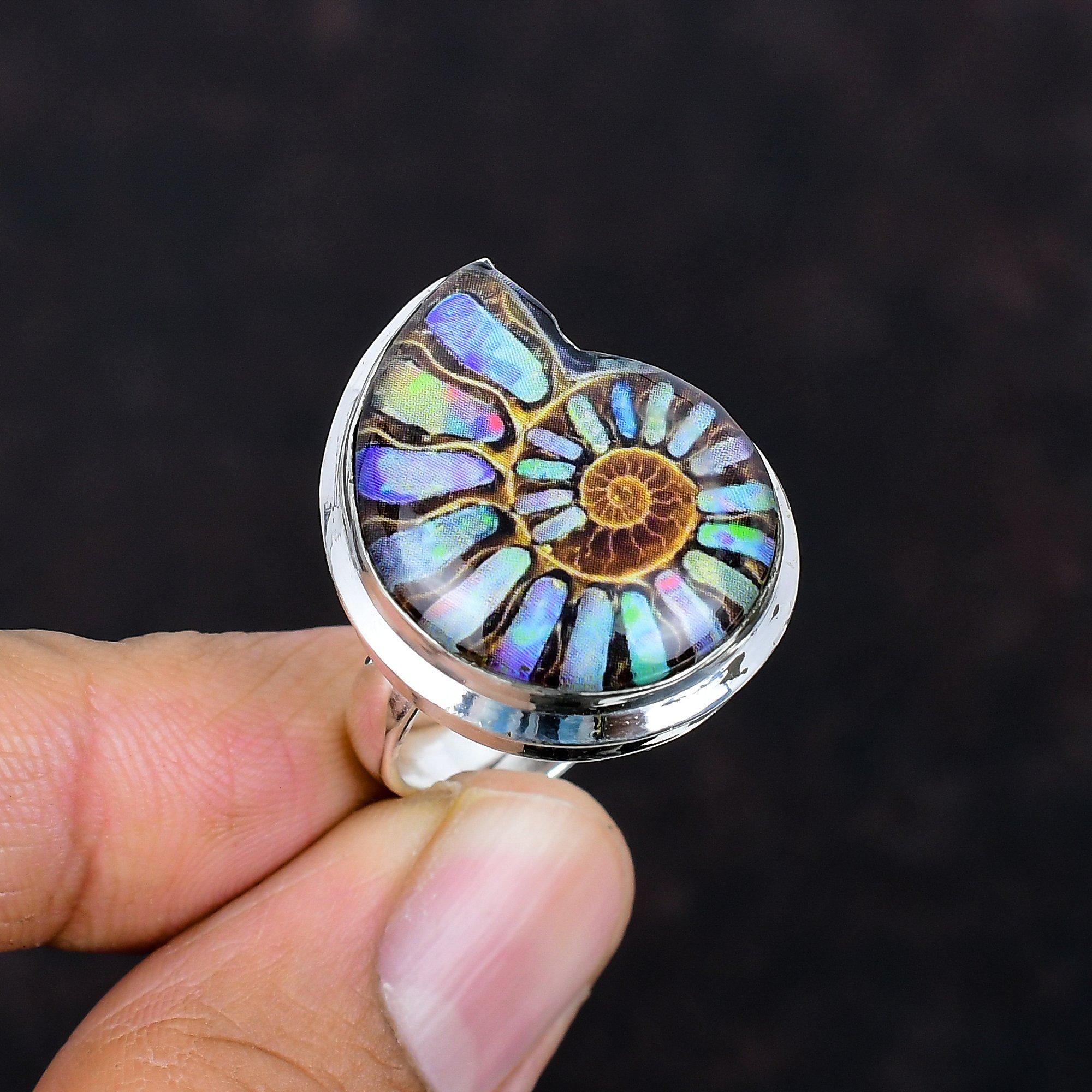 

Многоцветное кольцо с окаменелостью аммонита, кольцо из стерлингового серебра 925 пробы, ювелирное изделие новейшего дизайна, регулируемое кольцо, кольцо ручной работы с настоящим драгоценным камнем, подарки на помолвку Adjustable