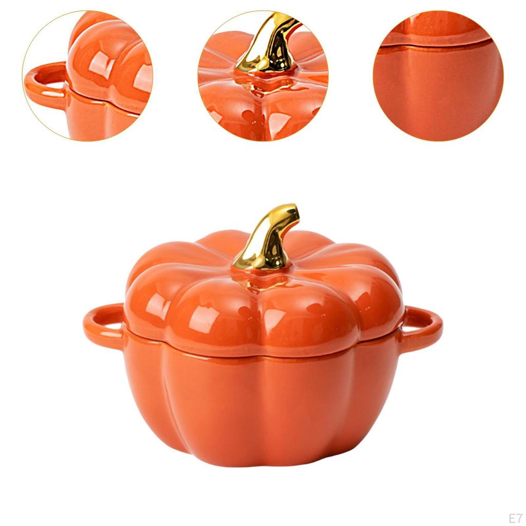 Keramikschale im Kürbisdesign mit Doppelgriff und Deckel zum Kochen und Servieren