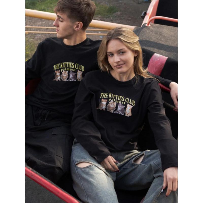 Pure cotton European and American large-size men s and women s T-shirts loose Korean version long-sleeved casual S