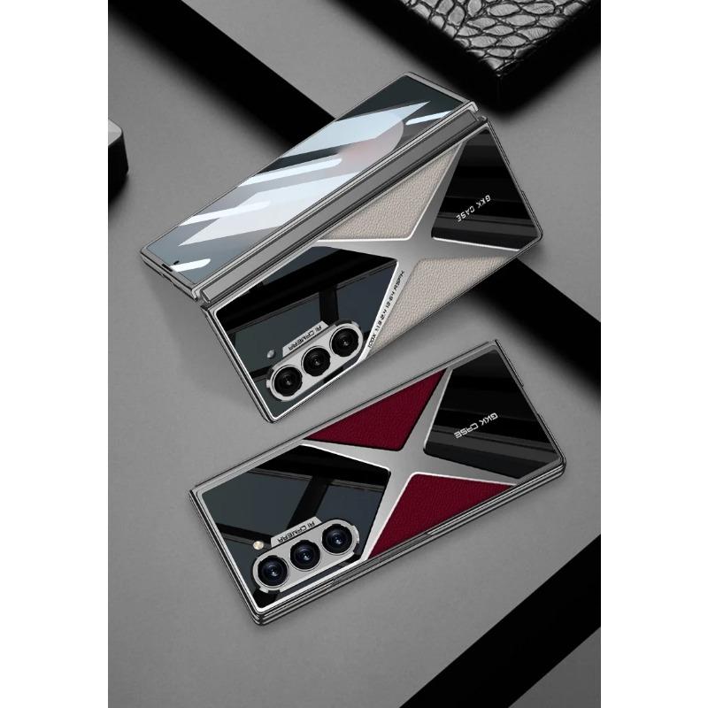 Electroplated Leather Phone Case for Samsung Galaxy Z Fold 6 5 4 3 Fold6 Fold5 Fold4 Fold3 5G Hard Shell Protective Film Cover