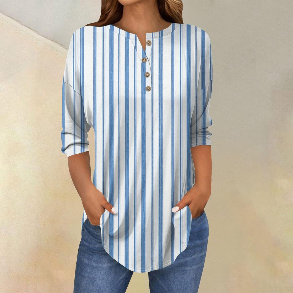 Damenmode Lässig Dreiviertelärmel Gestreift Bedruckt Rundhals T-Shirt Top