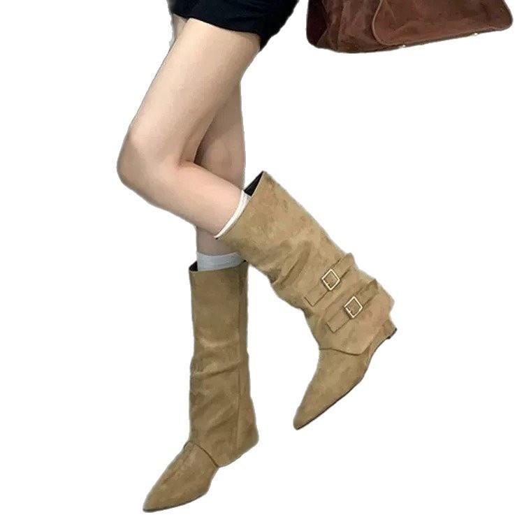 2025Vintage Suede Women Trouser Legs Boots Belt Buckle Slip On Shoes Autumn Winter Wedges Heel Ladies Long Booties