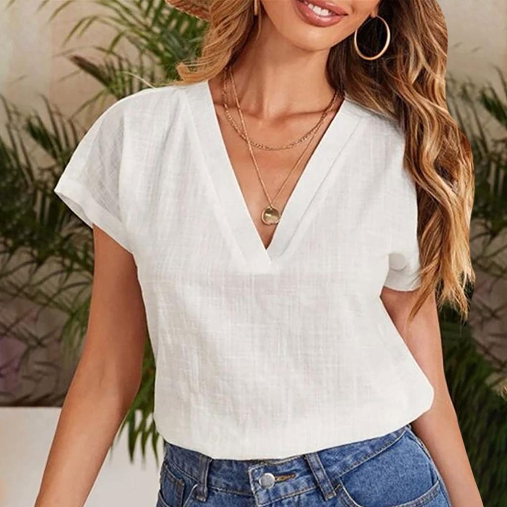 Women's Fashionable Cotton Linen Loose V-Neck Short-Sleeve Top