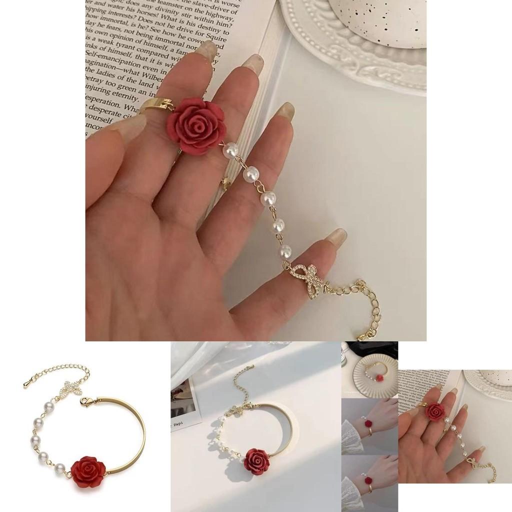 High-end Fashionable Red Rose Pearl Bracelet For Women With Geometric Design