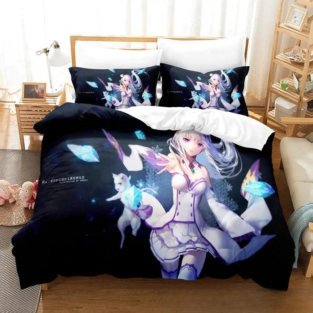 3D Print Anime Re Zero Rem Ram Emilia Bedding Set Duvetcover Bed Set Quilt Cover Pillowcase Comforter King Queen Size Boys Adult