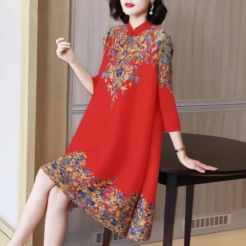 Women's Three Quarter Sleeve Midi Dress Stand Collar Loose Fit Chinese Style Floral Print Qipao Dress