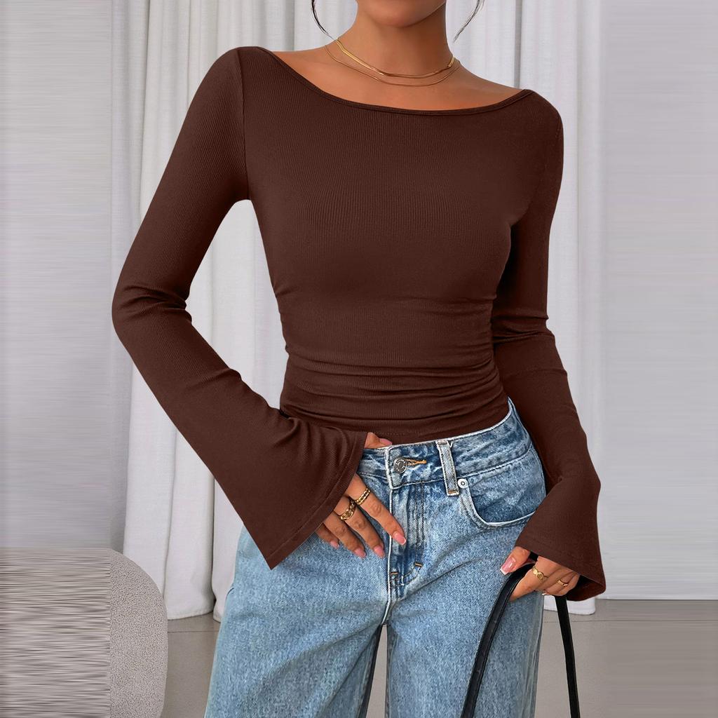 Women's Color Bell Sleeve Long Sleeve Top, Casual Blouse for Everyday Wear