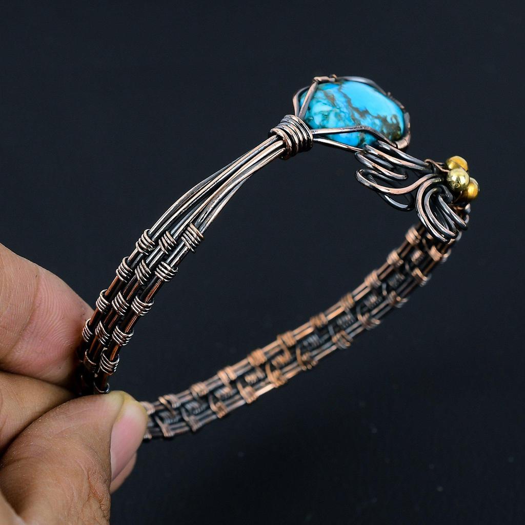 Tibetan Turquoise Bangle, Handmade Gemstone Bangle, 999 Copper Wire Wrapped Antique Jewelry, Gift For Love