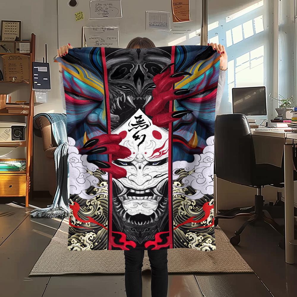 1Pc Hannya Samurai Print Flannel Blanket, High quality Comfortable for All Seasons, Home Decor, Warmth and Comfort, Perfect for Christmas Gifts