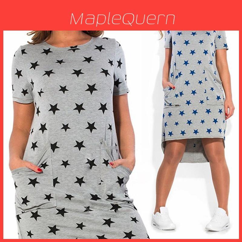 Verão Mulheres Estampado Estrelas Roupas Ajuste Solto Comprimento Joelho Vestido Casual Em Mistura de Algodão