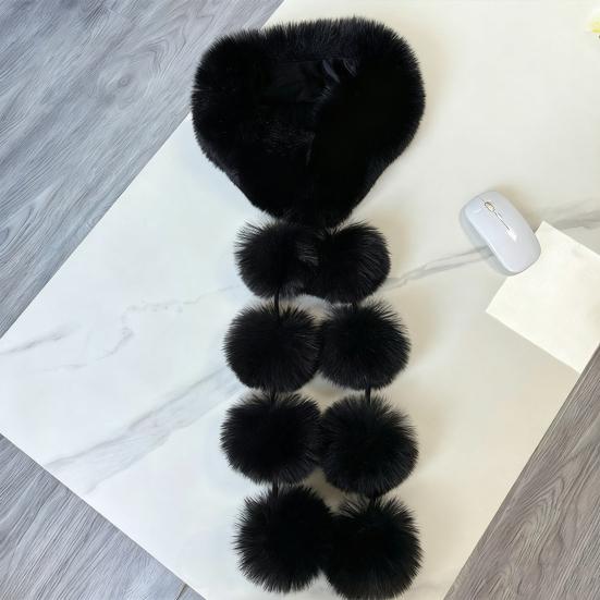 Women Scarf Solid Color Soft Imitation Fox Fur Shawl with Plush Balls