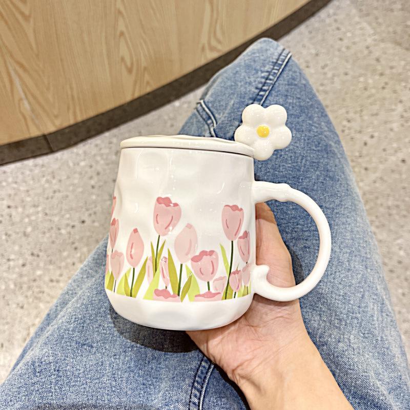 INS wind high-value flower mug with lid spoon household girl heart ceramic cup student breakfast milk cup