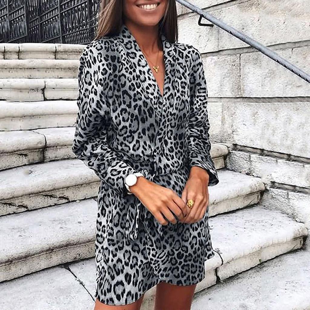 Women Slim Long Sleeve Leopard Printing V-Neck Bandage Irregular Dress