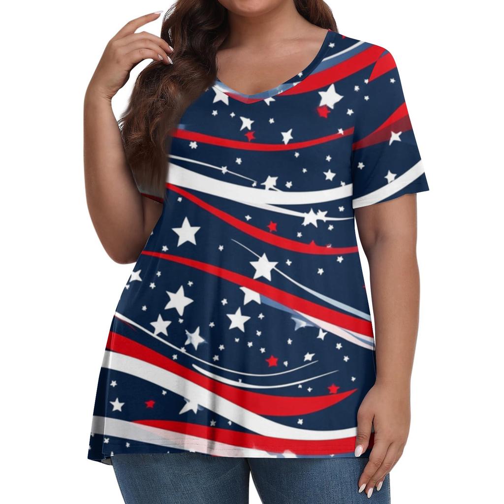 Women's Fashion Casual V-Neck Pullover Short Sleeve Large Size Independence Day Printed T-Shirt Top