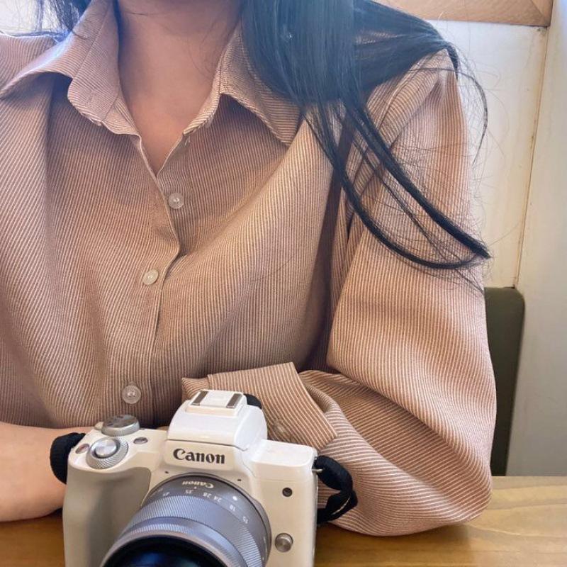 Korean chic retro striped polo collar long-sleeved shirt loose lazy cardigan women's top shirt