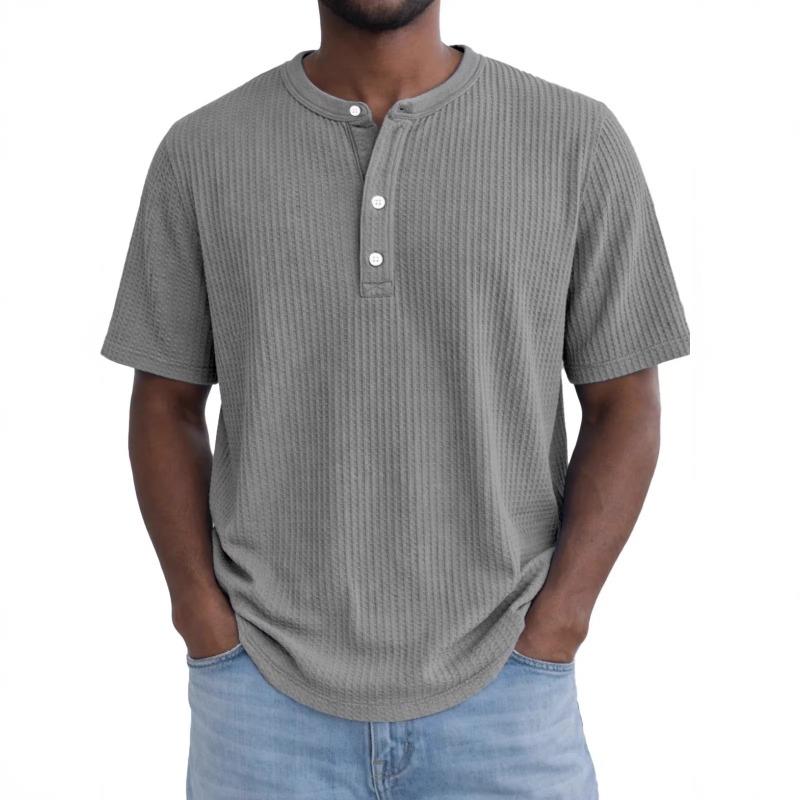 Mens Green Waffle Knit Henley Shirt Short Sleeve Crew Neck Casual Loose Fit Pullover